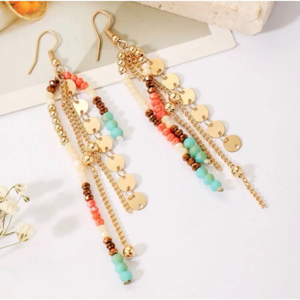1 LEFT! Beaded Boho Turquoise Disc Dangle Earrings